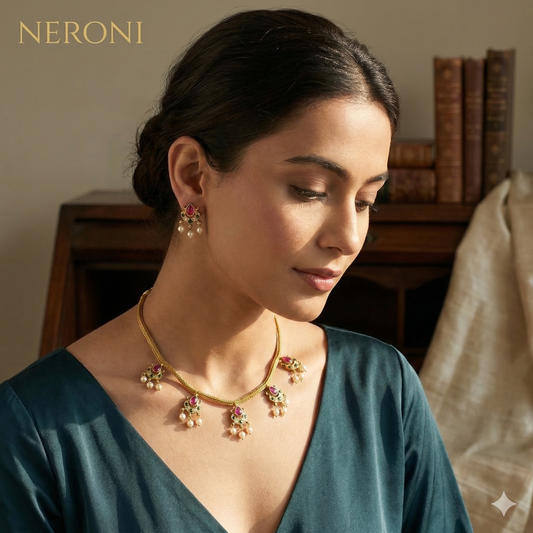 NERONI Ruby Drop Pearl Necklace Set – Gold-Plated Traditional Pendant Necklace with Earrings