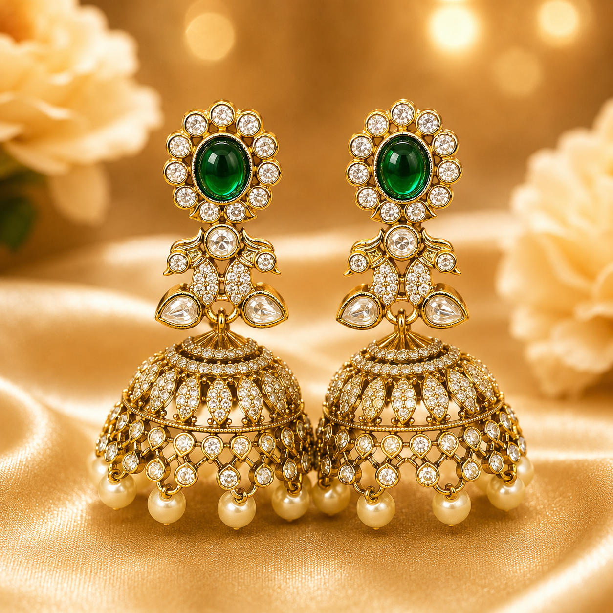 NERONI Emerald Stone Bridal Jhumka Earrings – Gold Finish Pearl Drop Earrings