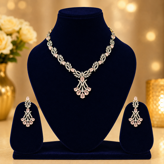 NERONI Rose Crystal Floral Necklace Set – Elegant Silver Finish Jewellery