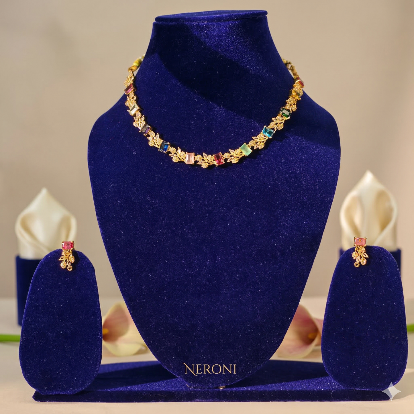 NERONI Multicolor Gemstone Necklace Set – Minimal Gold-Plated Crystal Necklace with Earrings
