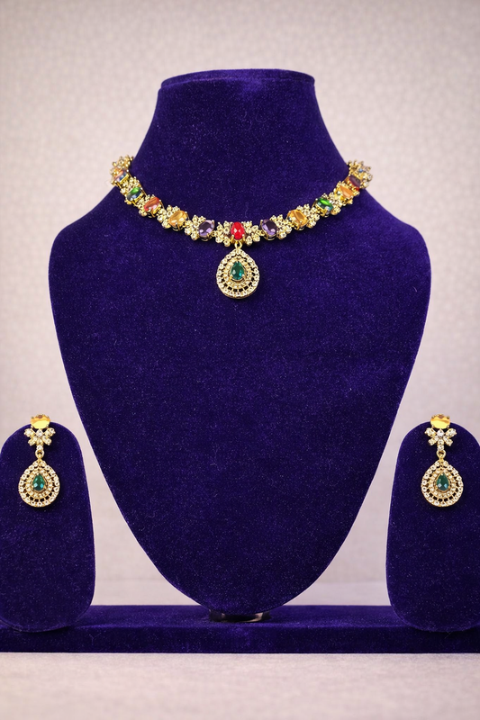 Neroni Multicolour CZ Choker Necklace Set with Earrings