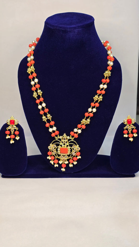 Neroni Traditional Coral Bead Necklace Set with Earrings