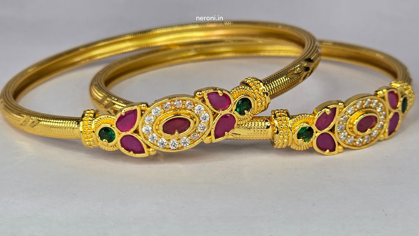 NERONI Gold-Plated Ruby & Emerald CZ Designer Bangles – Bridal Edition