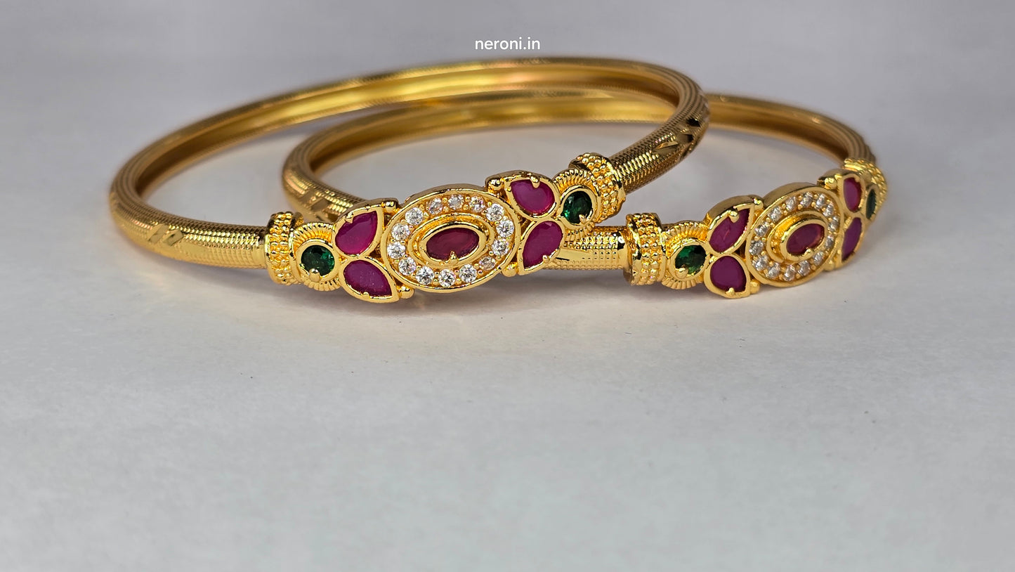 NERONI Gold-Plated Ruby & Emerald CZ Designer Bangles – Bridal Edition