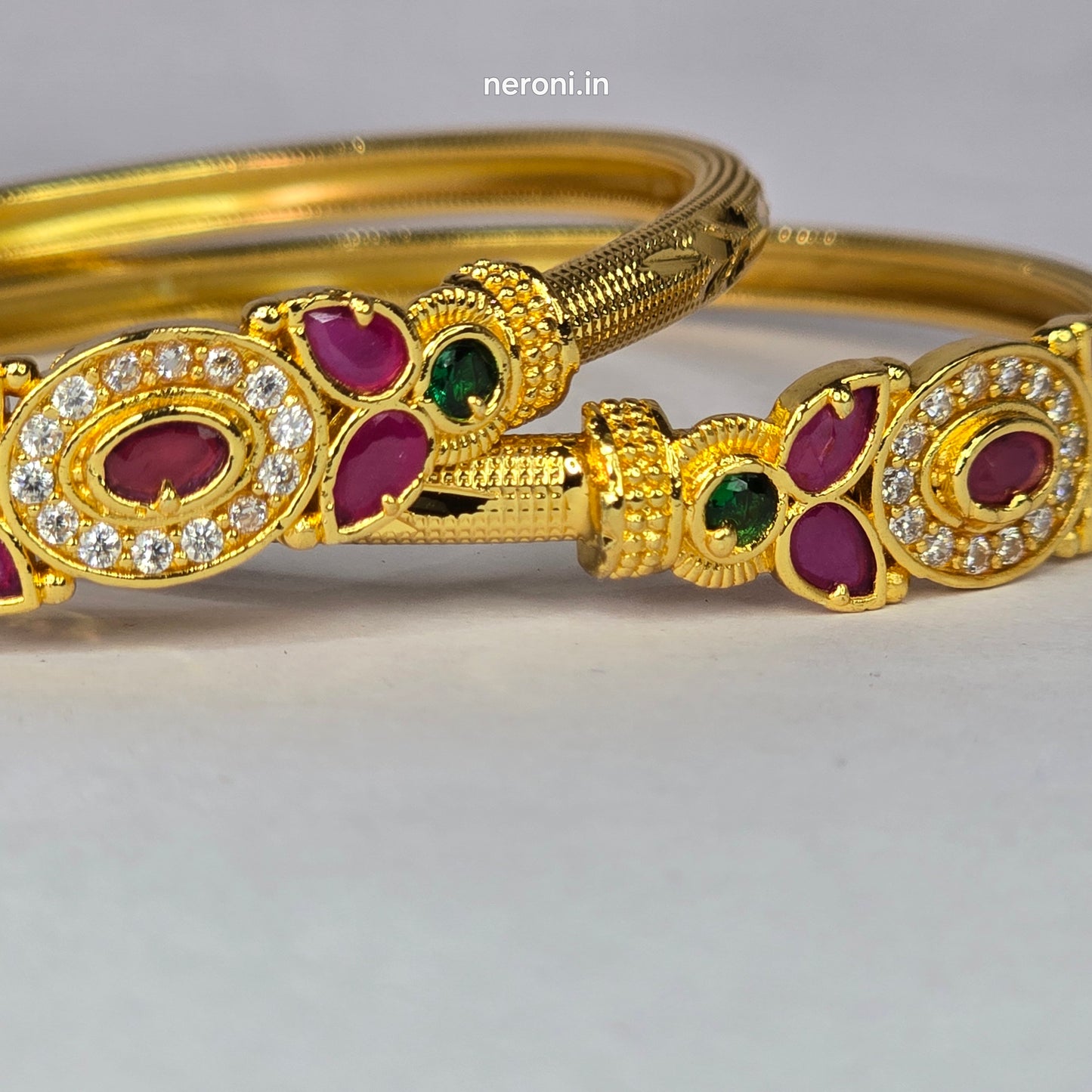 NERONI Gold-Plated Ruby & Emerald CZ Designer Bangles – Bridal Edition