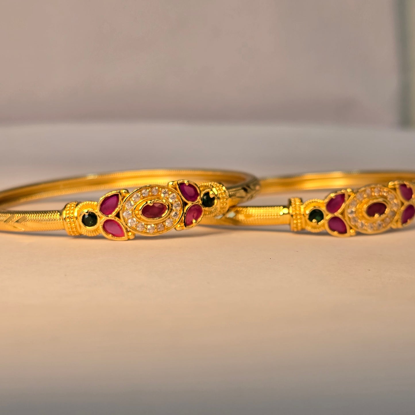 NERONI Gold-Plated Ruby & Emerald CZ Designer Bangles – Bridal Edition