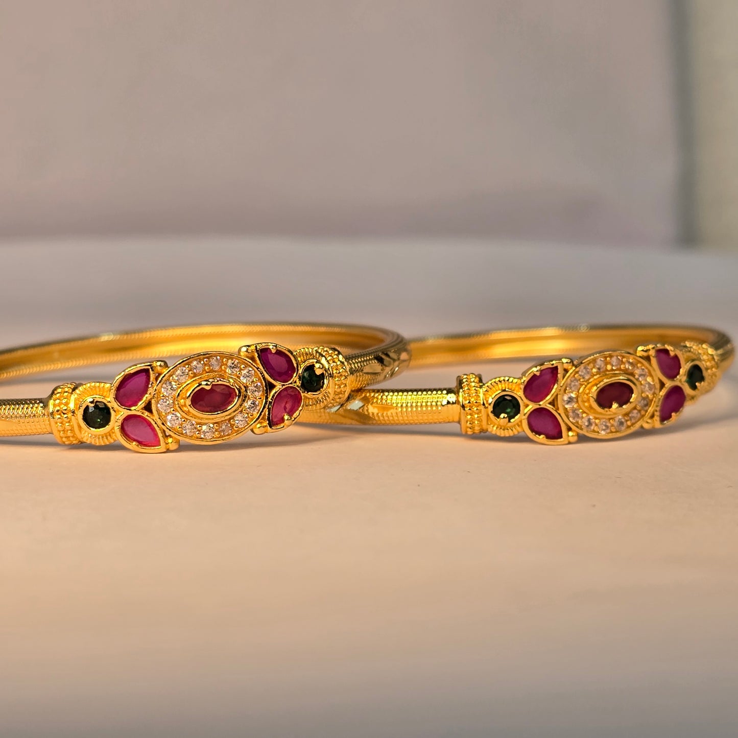 NERONI Gold-Plated Ruby & Emerald CZ Designer Bangles – Bridal Edition