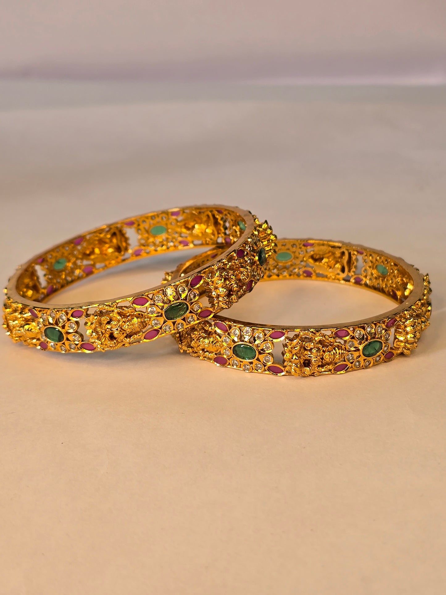 Neroni Temple Elegance Bangles – Gold Finish with Green & Ruby Stones
