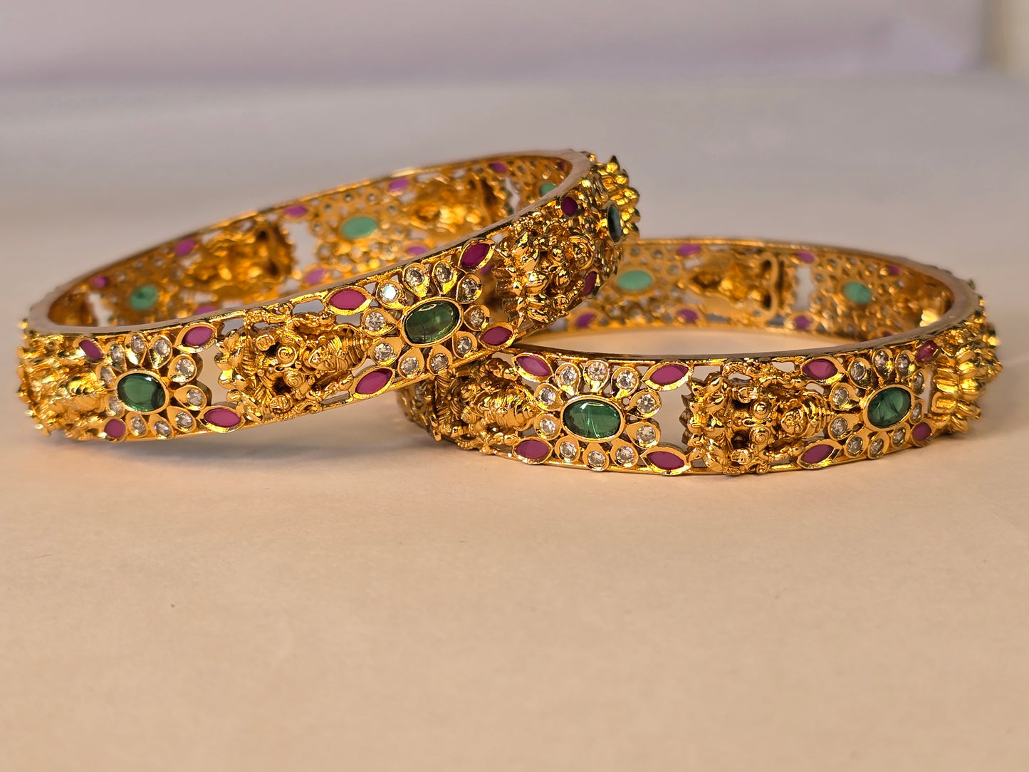 Neroni Temple Elegance Bangles – Gold Finish with Green & Ruby Stones