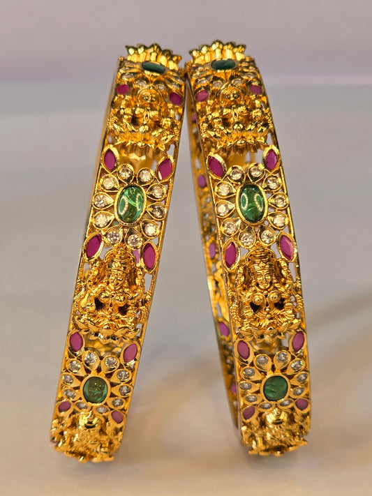 Neroni Temple Elegance Bangles – Gold Finish with Green & Ruby Stones