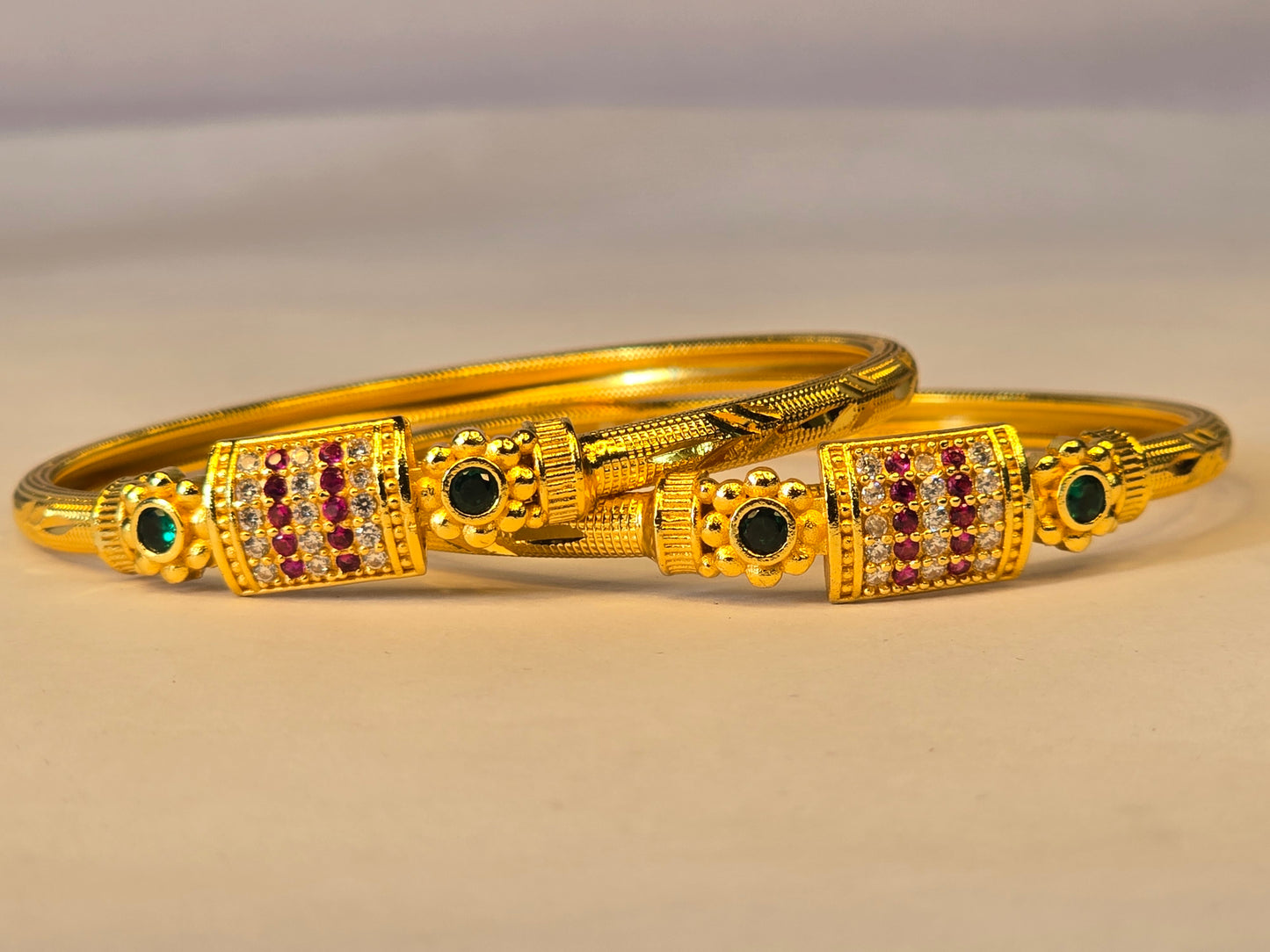 NERONI Gold-Plated Ruby & Emerald CZ Classic Bangles – Elegant Edition