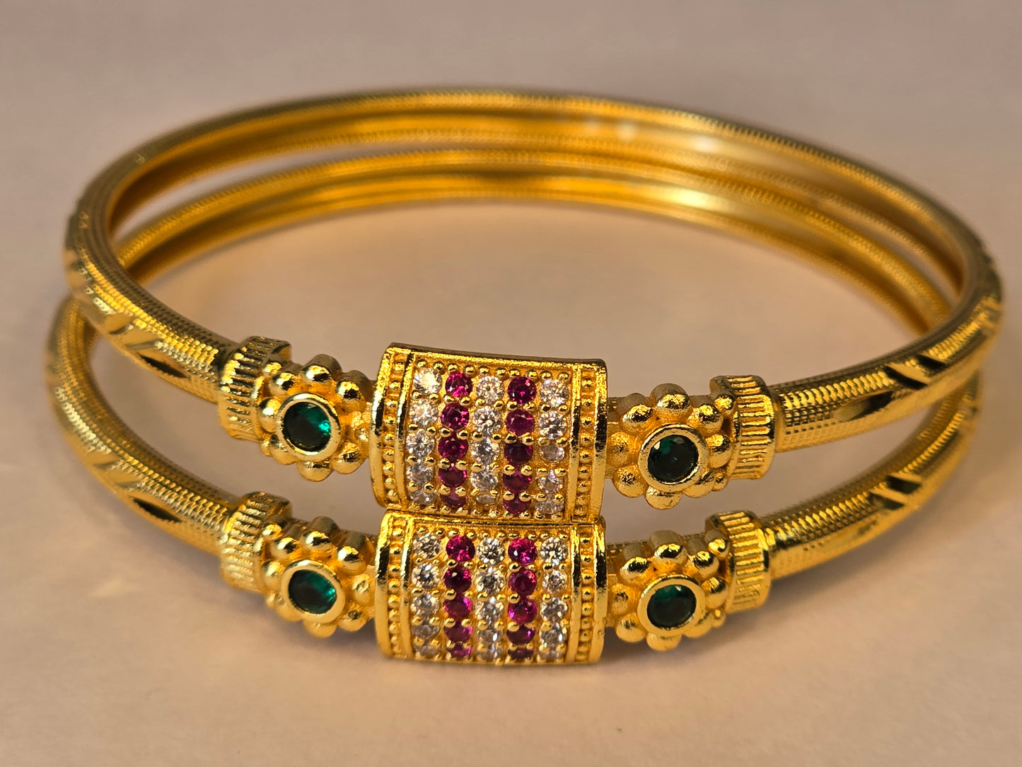 NERONI Gold-Plated Ruby & Emerald CZ Classic Bangles – Elegant Edition