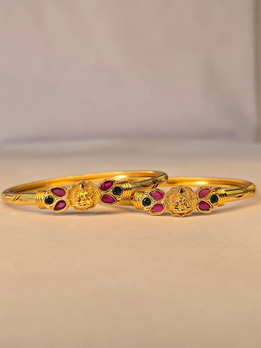 NERONI Gold-Plated Lakshmi Motif Ruby & Emerald Bangles – Temple Collection