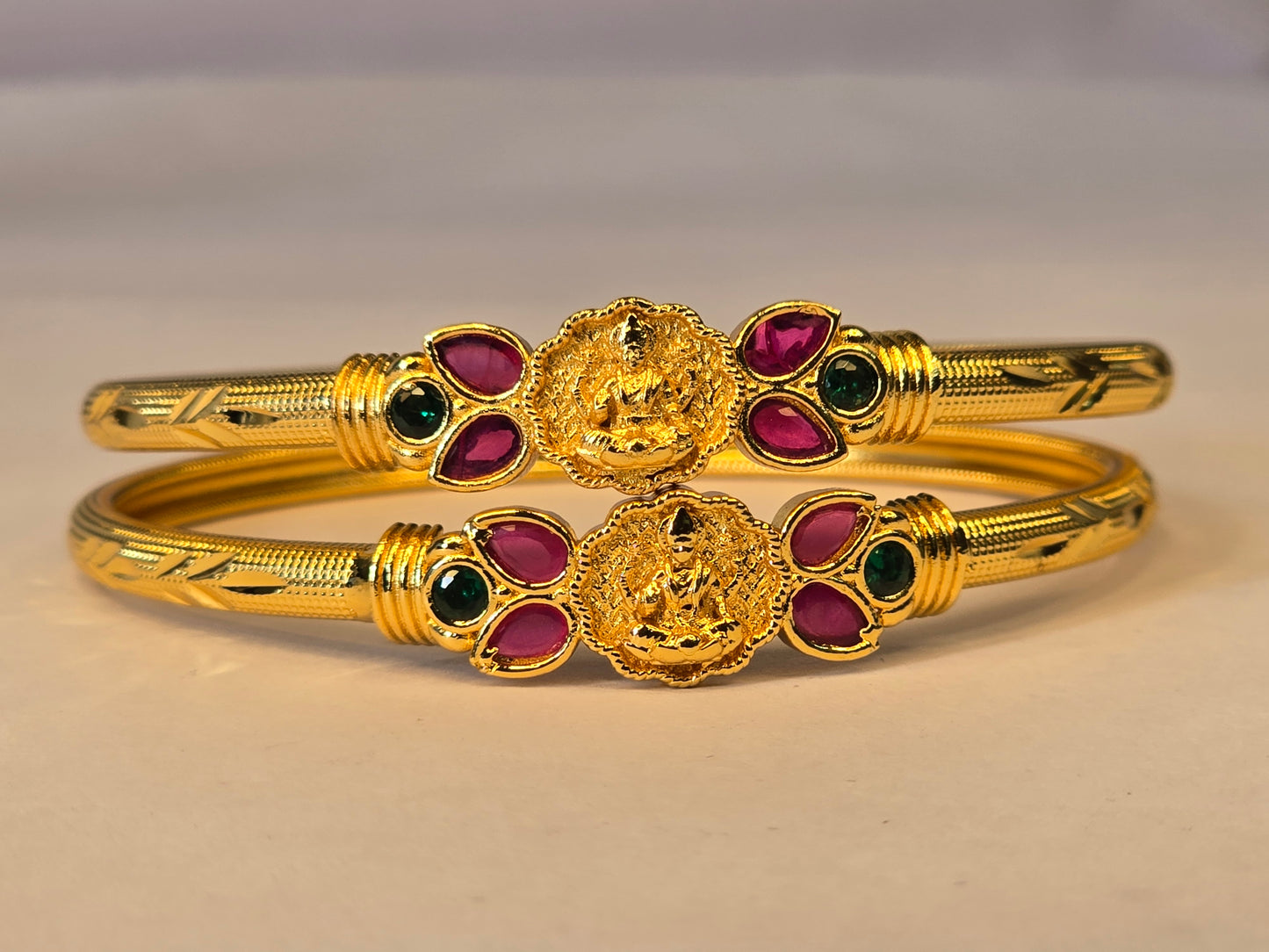NERONI Gold-Plated Lakshmi Motif Ruby & Emerald Bangles – Temple Collection