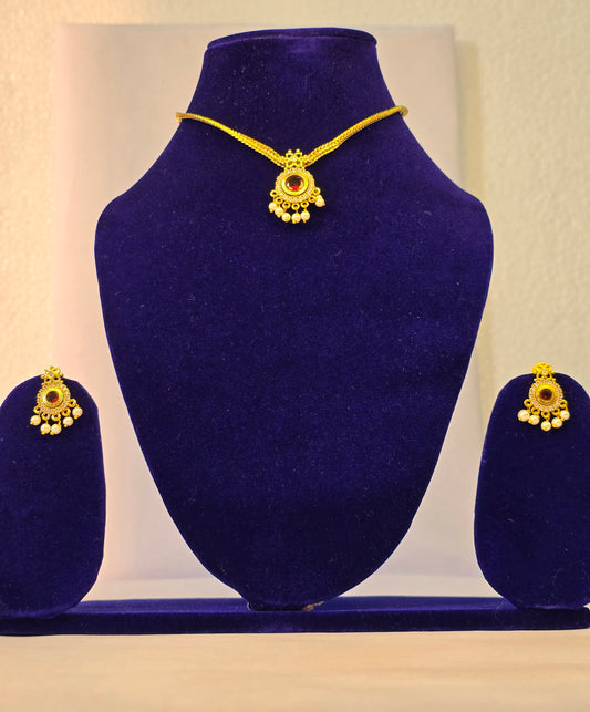 NERONI Gold-Plated Red Stone Pearl Necklace Set – Minimal Temple Design