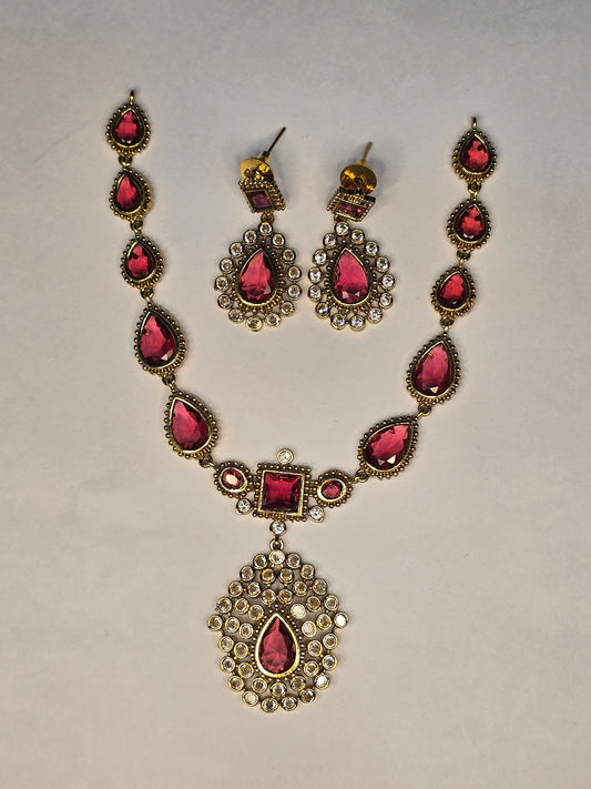 NERONI Gold-Plated Pink Stone CZ Necklace Set – Royal Drop Design