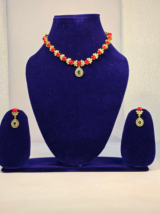 Neroni Coral Red Stone Choker Necklace Set with Earrings