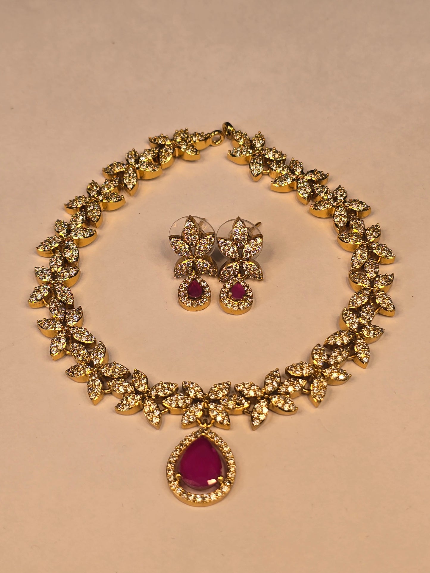 Neroni Royal Floral CZ Choker Necklace Set with Pink Stone