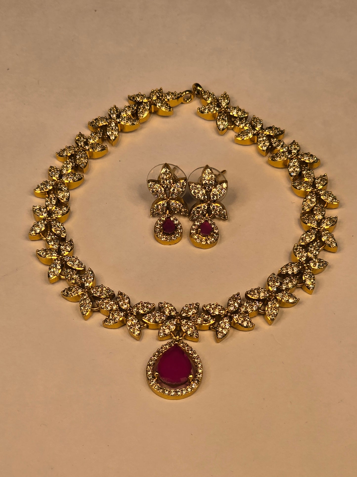 Neroni Royal Floral CZ Choker Necklace Set with Pink Stone