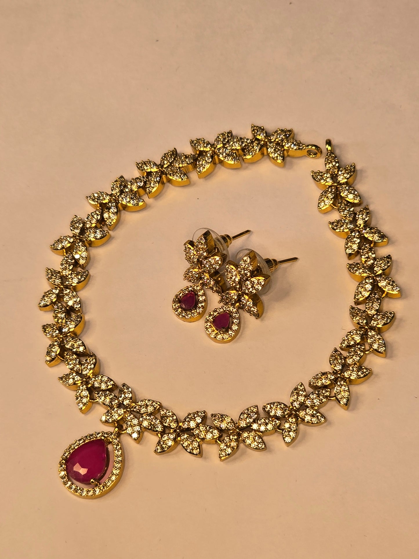 Neroni Royal Floral CZ Choker Necklace Set with Pink Stone