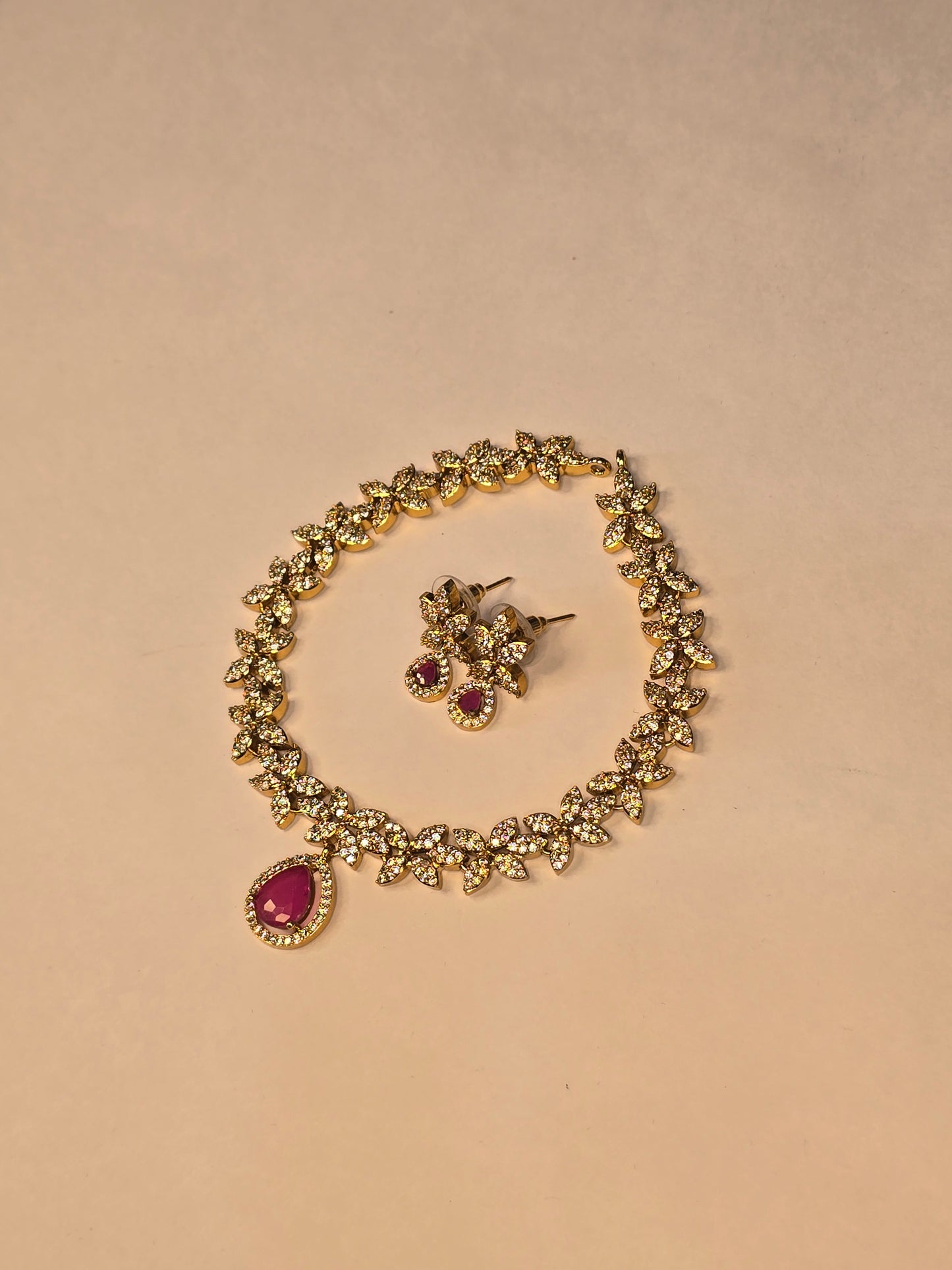 Neroni Royal Floral CZ Choker Necklace Set with Pink Stone