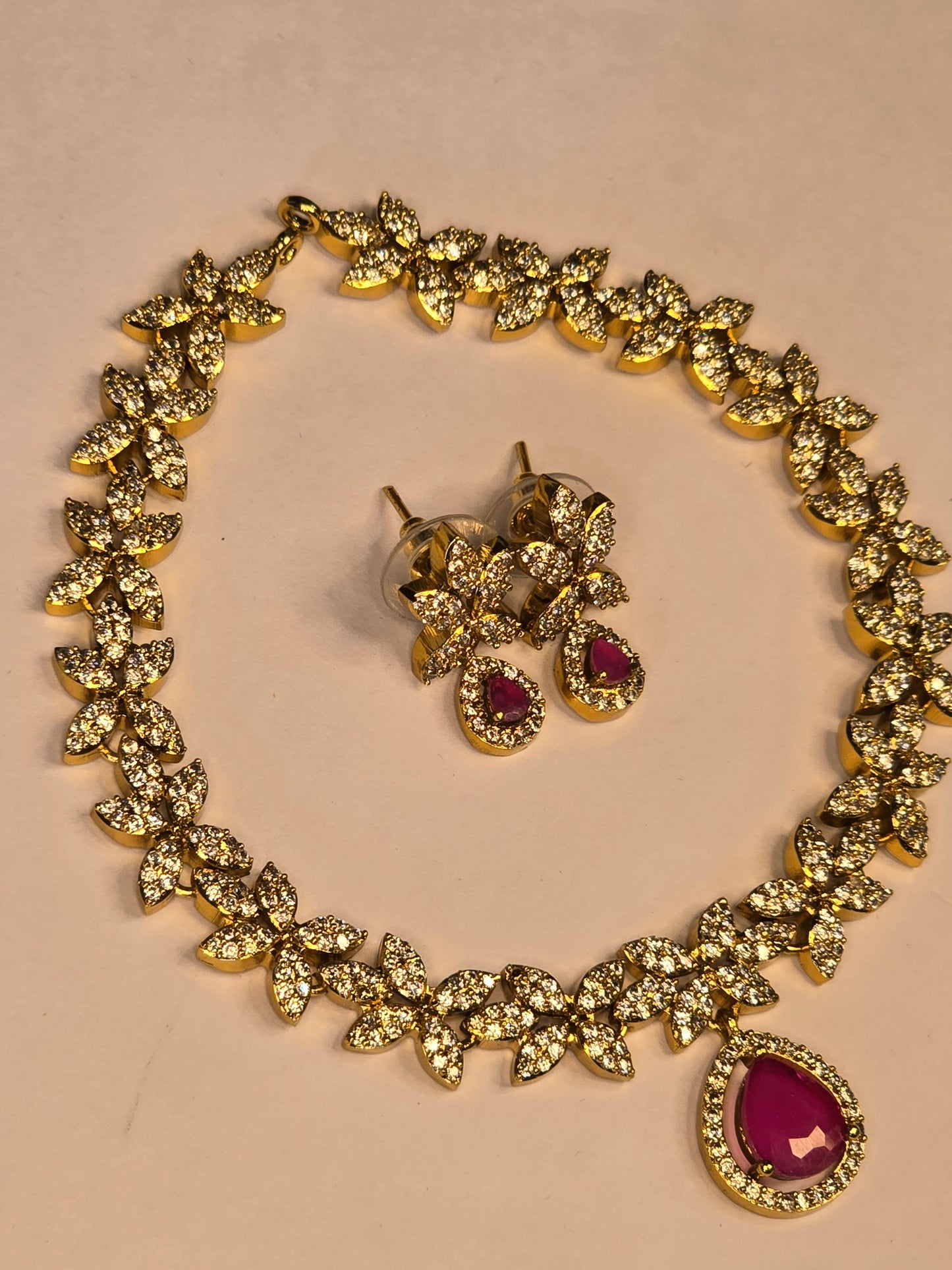 Neroni Royal Floral CZ Choker Necklace Set with Pink Stone