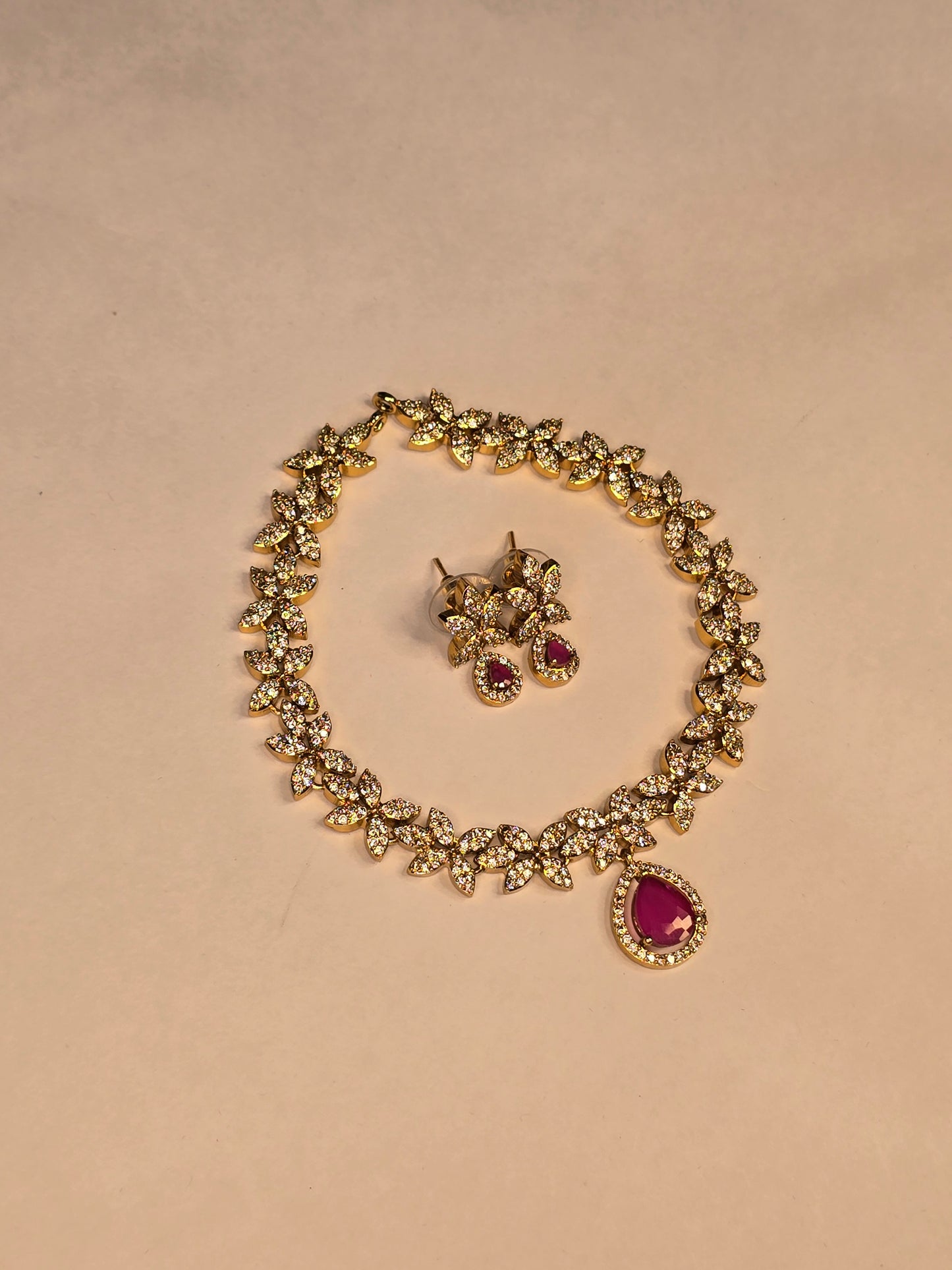 Neroni Royal Floral CZ Choker Necklace Set with Pink Stone