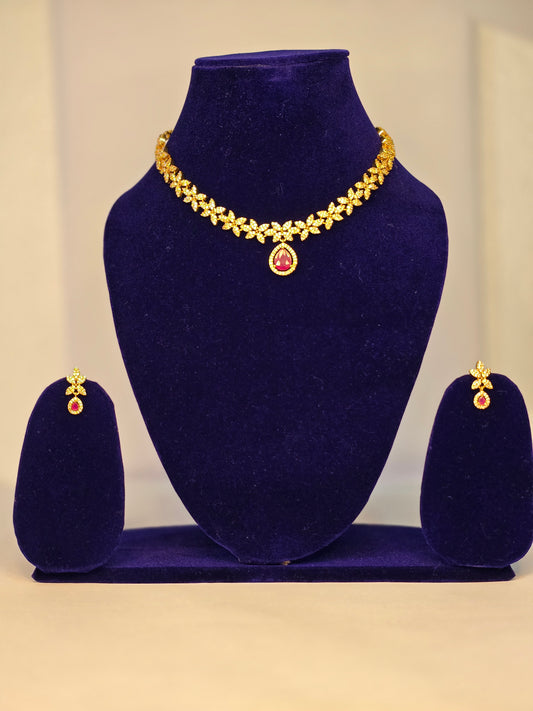 Neroni Royal Floral CZ Choker Necklace Set with Pink Stone