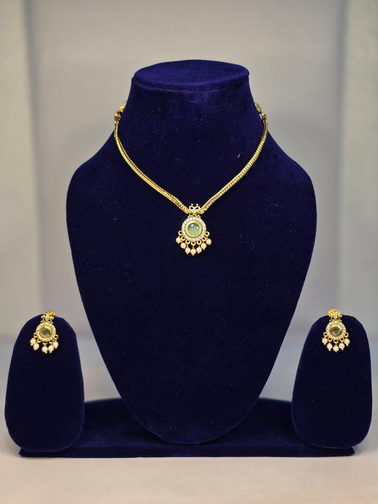 NERONI Gold-Plated Green Stone Pearl Necklace Set – Minimal Temple Design