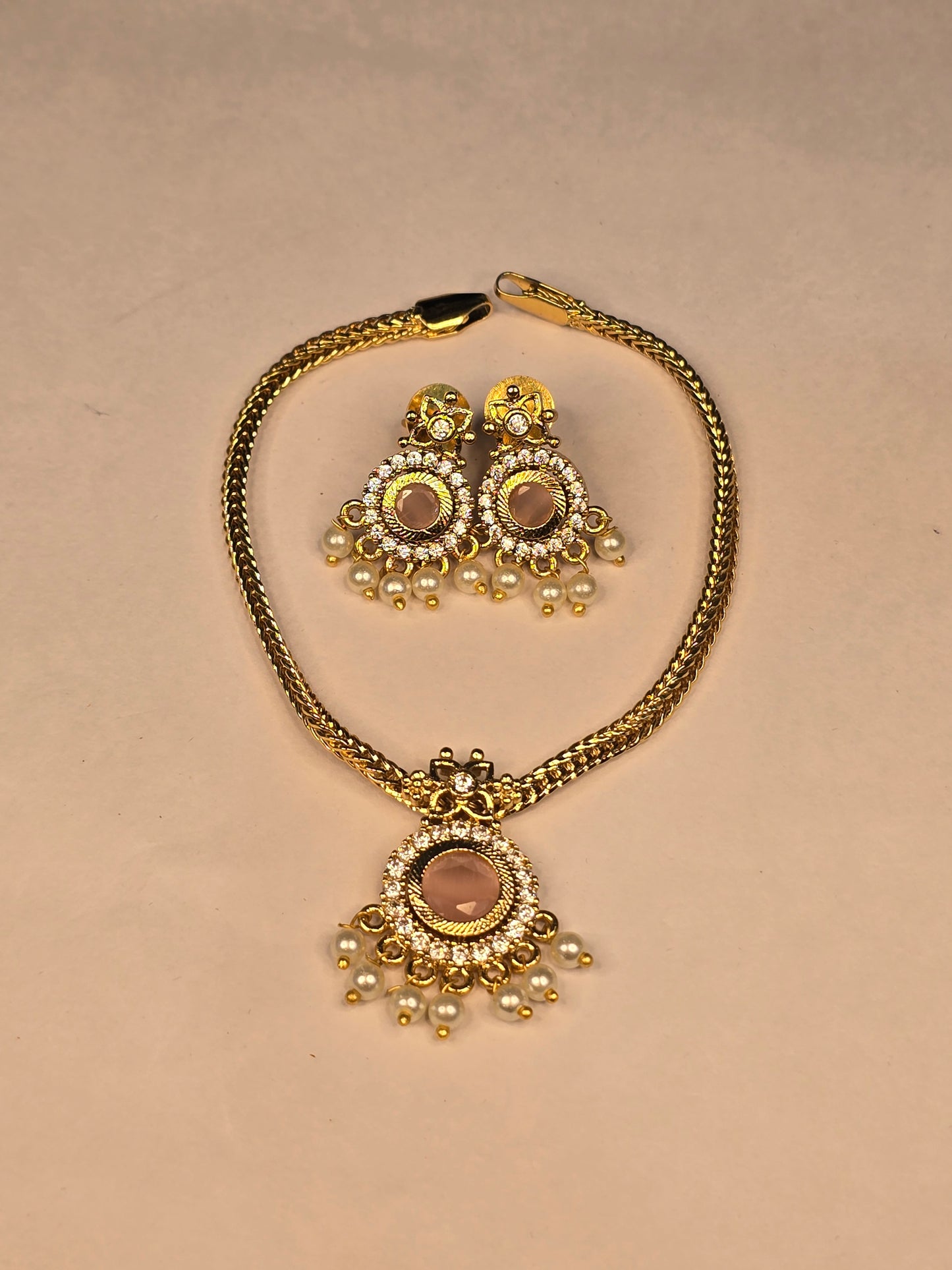 NERONI Gold-Plated Pink Stone Pearl Necklace Set – Minimal Temple Design