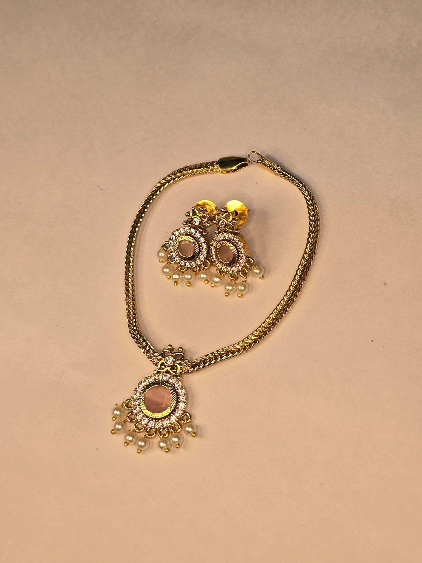 NERONI Gold-Plated Pink Stone Pearl Necklace Set – Minimal Temple Design