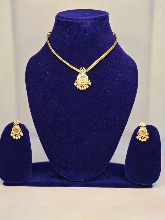 NERONI Gold-Plated Pink Stone Pearl Necklace Set – Minimal Temple Design