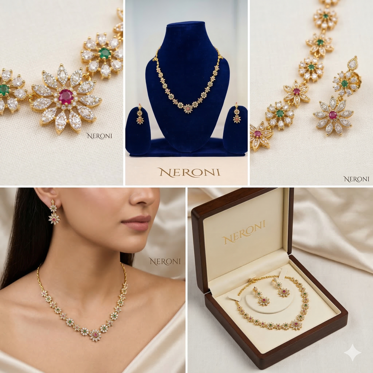 NERONI Floral CZ Necklace Set – Gold Plated Elegant Flower Design Jewellery with Earrings