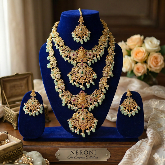 NERONI Grand Temple Layered Combo Set – Gold-Plated Haram with Light Green Beads, Earrings & Maang Tikka