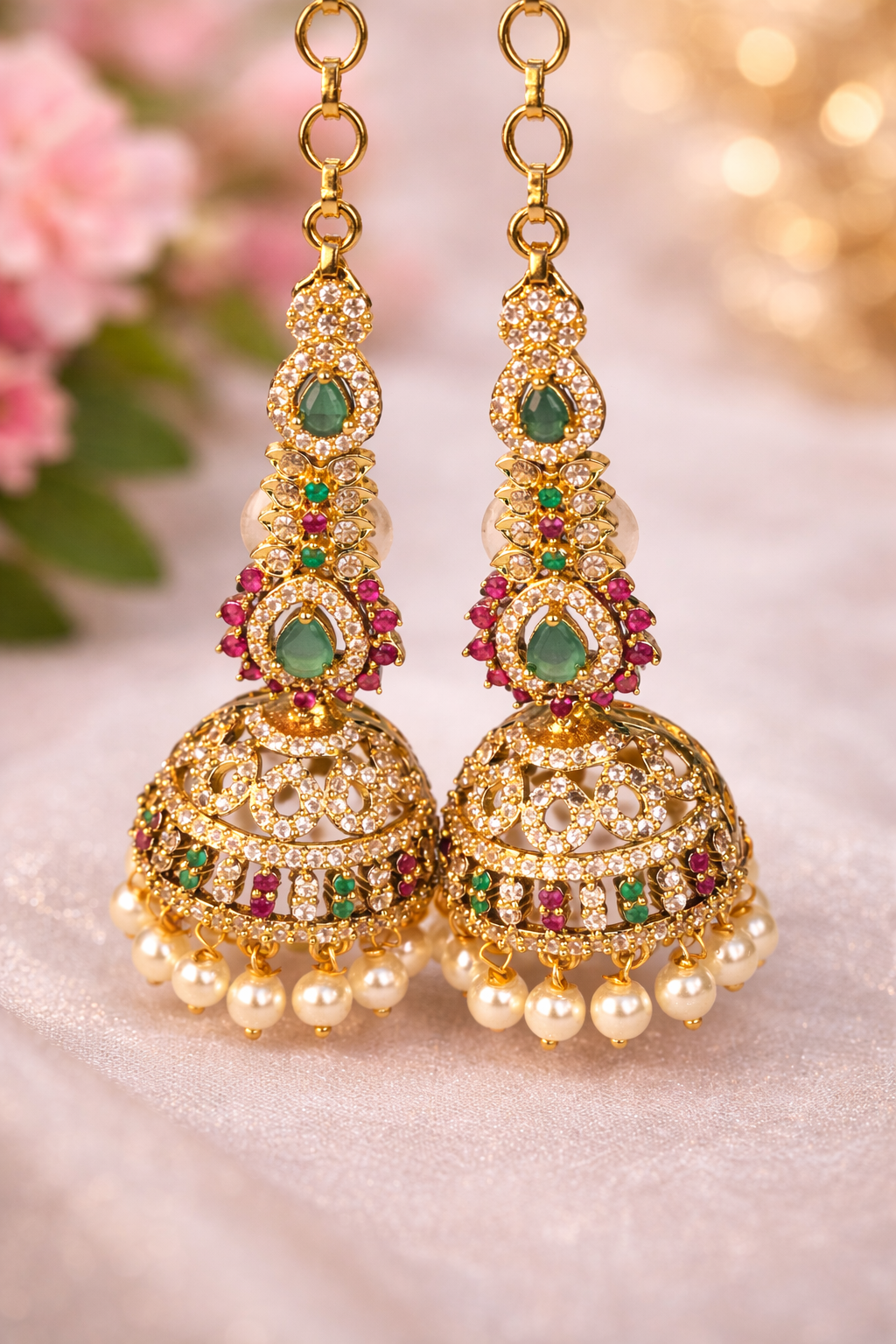 NERONI Gold-Plated CZ Stone Bridal Jhumka Earrings with Pearl Drops & Ear Chain