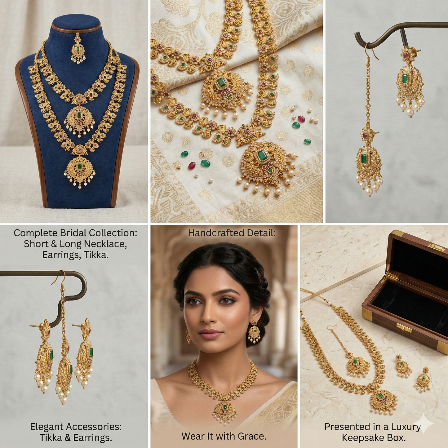 NERONI Grand Temple Double-Layer Combo Set – Gold-Plated Emerald Stone Haram with Earrings & Maang Tikka