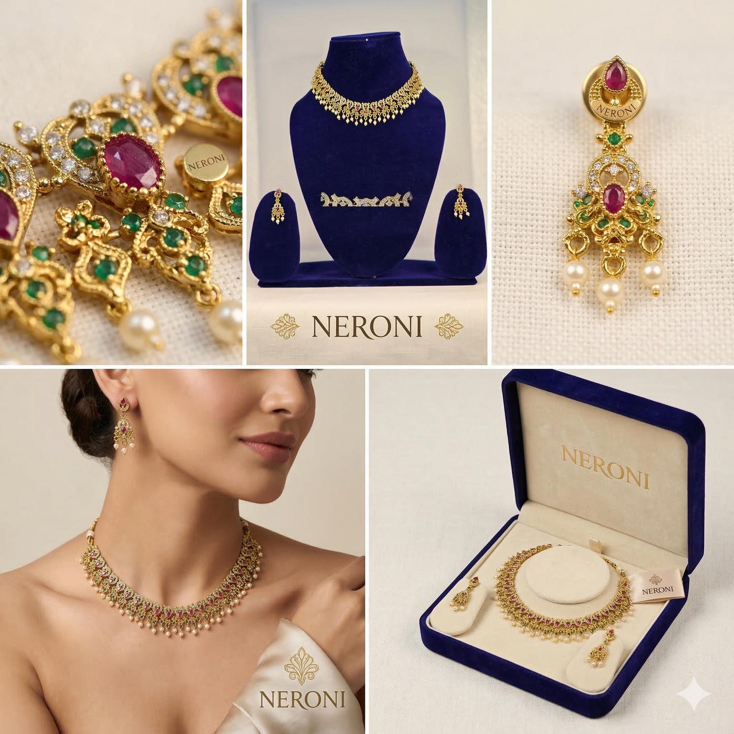 NERONI Ruby Pearl Choker Necklace Set – Gold-Plated Traditional CZ Choker with Earrings