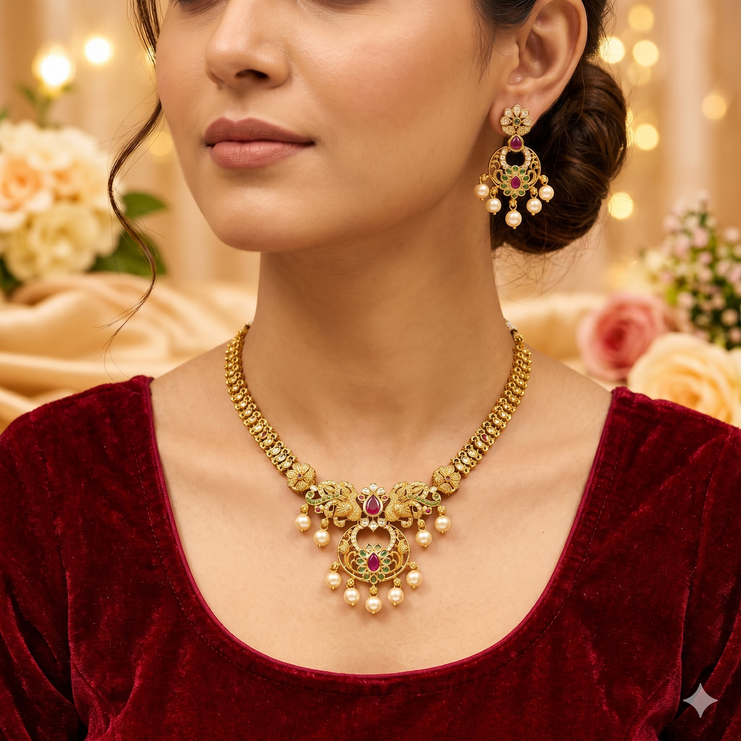 NERONI Antique Peacock Pendant Necklace Set – Gold Plated Ruby Emerald Pearl Jewellery