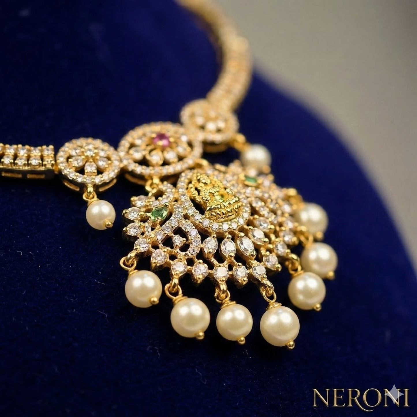 NERONI Temple Lakshmi Pendant Necklace Set – Gold-Plated CZ Necklace with Pearl Drops