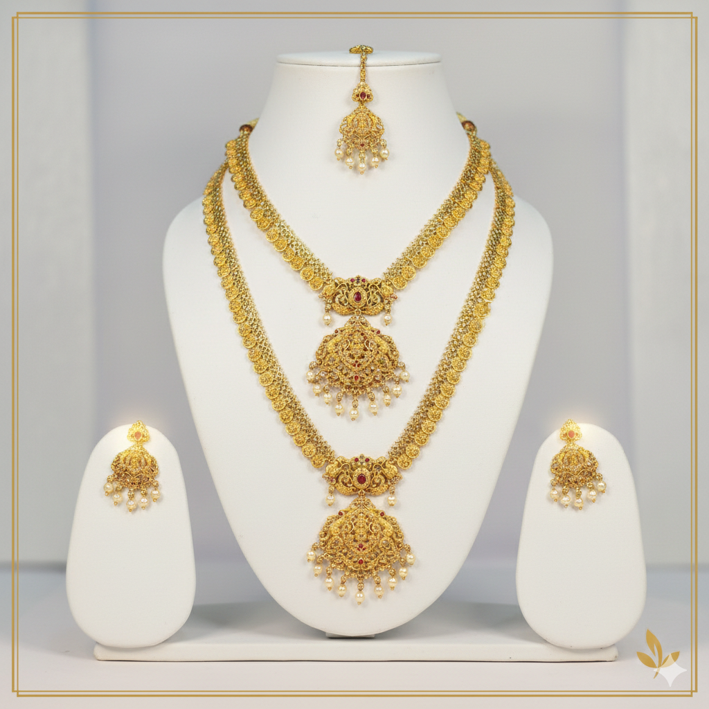 NERONI Royal Double-Layer Temple Combo Set – Gold-Plated Haram with Earrings & Maang Tikka