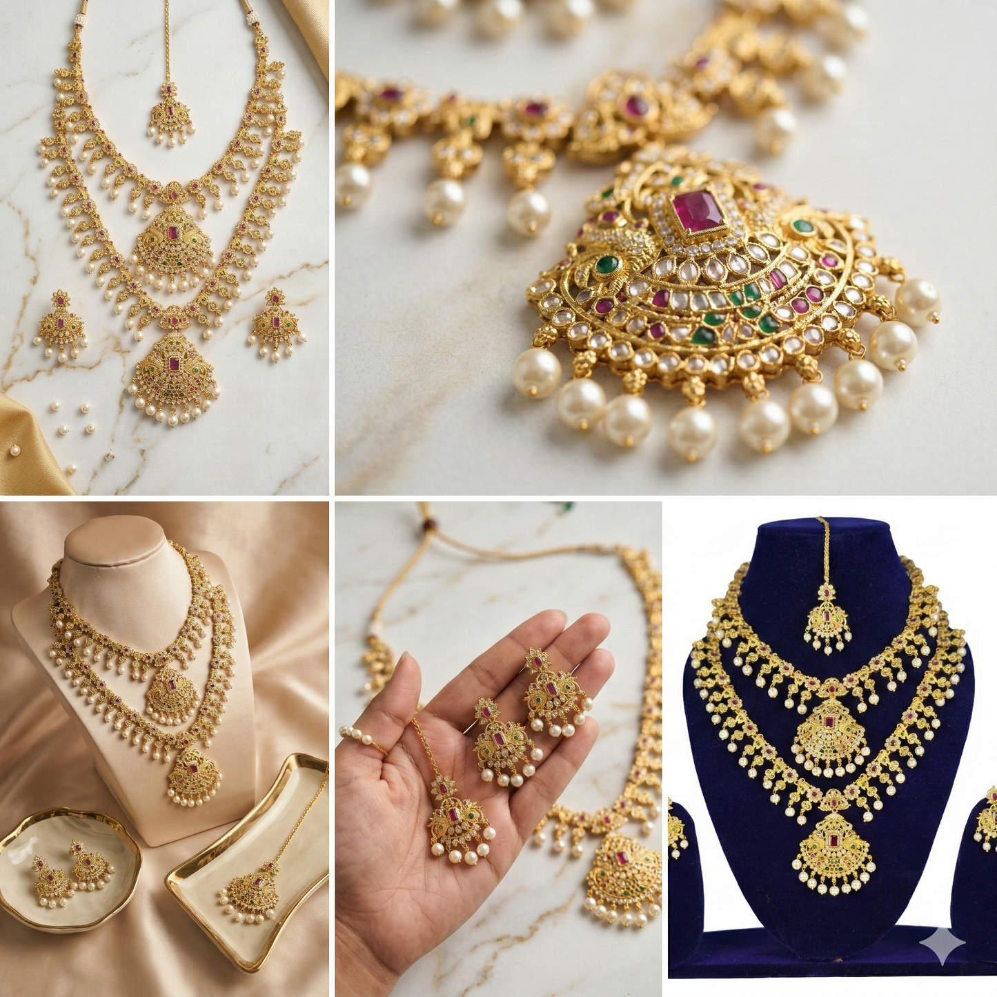 NERONI Royal Temple Double-Layer Combo Set – Gold-Plated Ruby Stone Haram with Earrings & Maang Tikka