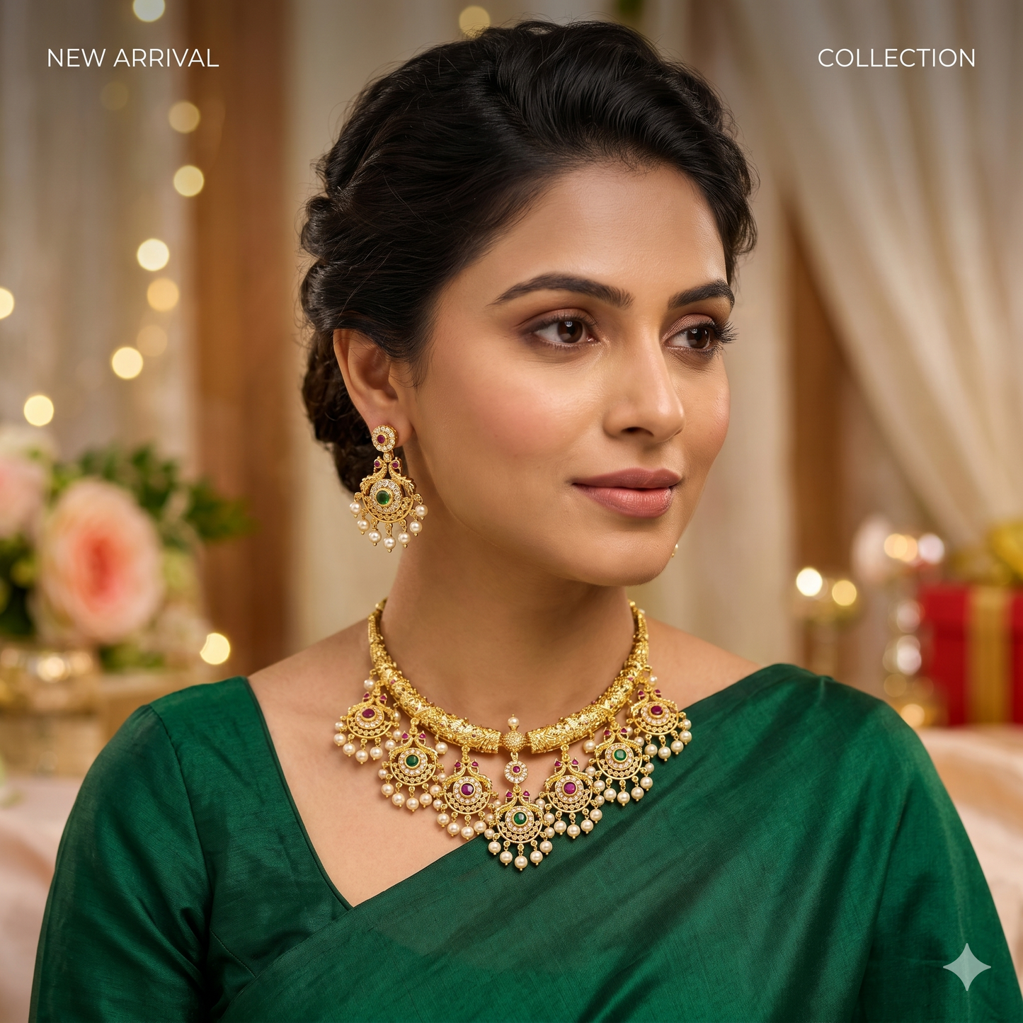 NERONI Antique Peacock Chandbali Necklace Set – Gold Plated Ruby Emerald Pearl Jewellery