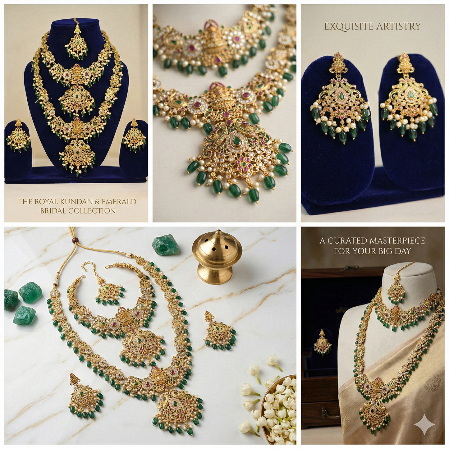 NERONI Grand Temple Layered Combo Set – Gold-Plated Haram with Malachite Green Beads, Earrings & Maang Tikka