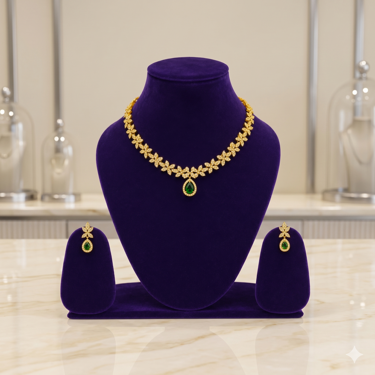 Neroni Royal Floral CZ Choker Necklace Set with Green Stone