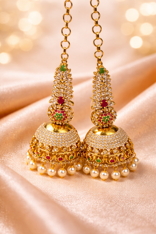 NERONI Gold-Plated CZ Stone Bridal Jhumka Earrings with Ear Chain – Pearl Drop Design