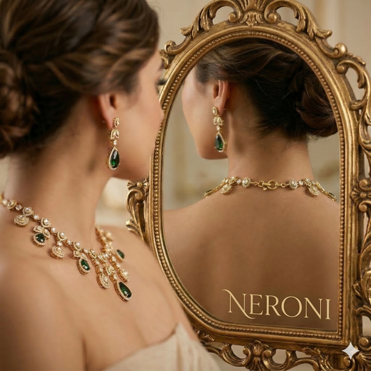 NERONI Emerald Drop CZ Necklace Set – Gold-Plated Crystal Necklace with Earrings