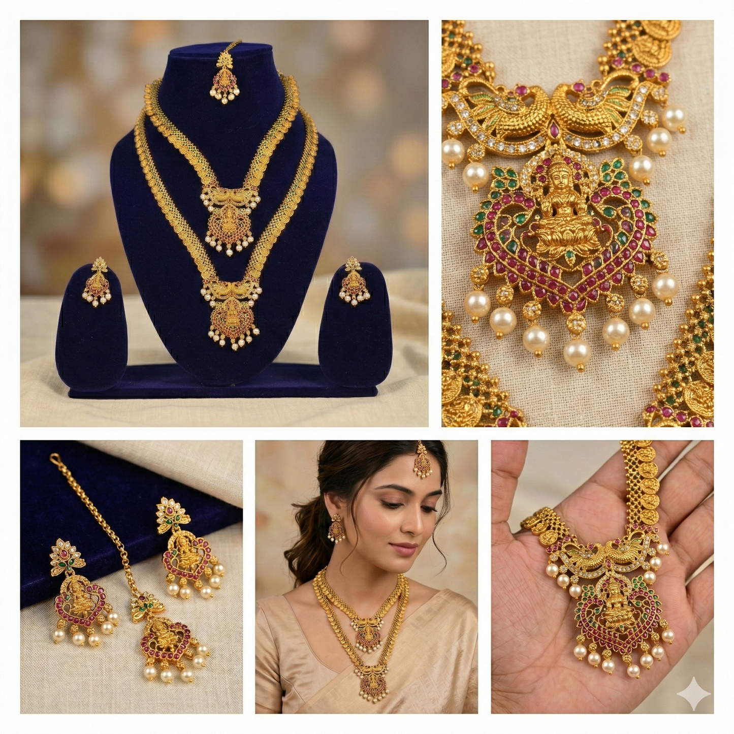 NERONI Royal Twin-Haram Temple Combo Set – Gold-Plated Coin Chain with Ruby Heart Pendants, Earrings & Maang Tikka