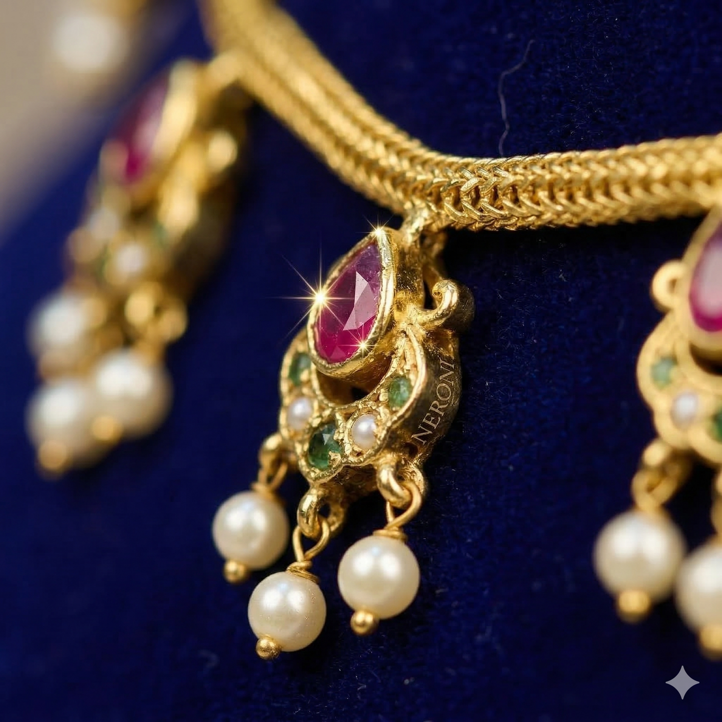 NERONI Ruby Drop Pearl Necklace Set – Gold-Plated Traditional Pendant Necklace with Earrings