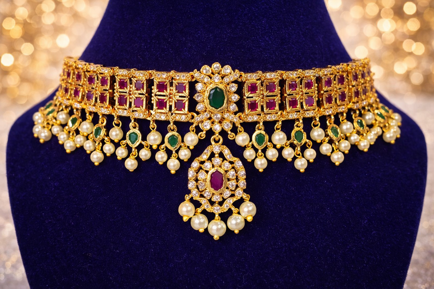 NERONI Gold-Plated Ruby & Emerald CZ Pearl Choker Necklace Set – Royal Bridal Design