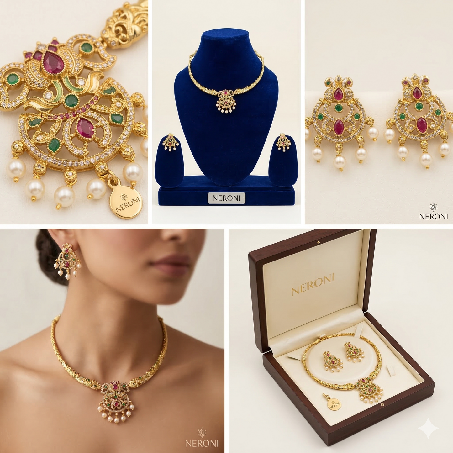 NERONI Antique Ruby & Emerald Temple Necklace Set – Gold Plated Traditional Pearl Drop Jewellery